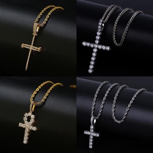 Hip Hop Ankh Cross Pendant Necklace Micro Pave Cubic Zirconia Egyptian Style 24" Chain Necklace