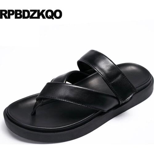 Black strap slides genuine leather famous brand slippers flat sandals beach designer shoes men high quality summer breathable