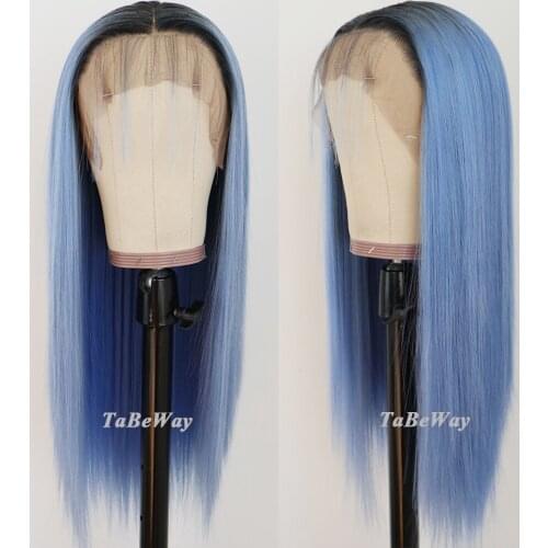 TaBeWay Long Straight Lace Front Wigs Blue Color Wig Heat Resistant Natural Straight Synthetic Lace Front Wigs for Fashion Women