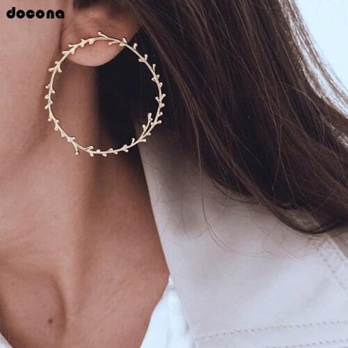Docona Trendy Hollow Circle Gold Color Drop Earring for Women Wind Leaves Piercing Dangle Earrings Statement Jewelry C20310