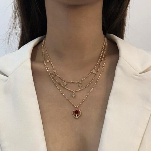 LanMiLa New 2021 Fashion Heart Rose Pendant Layered Thin Chains Chain Necklace For Women Jewelry