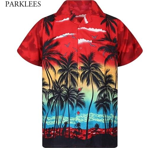 Mens Red Hawaiian Shirt Fashion Palm Tree Printed Beach Wear Shirts Mens Casual Button Down Tropical Aloha Shirt Camisa Hawaiana