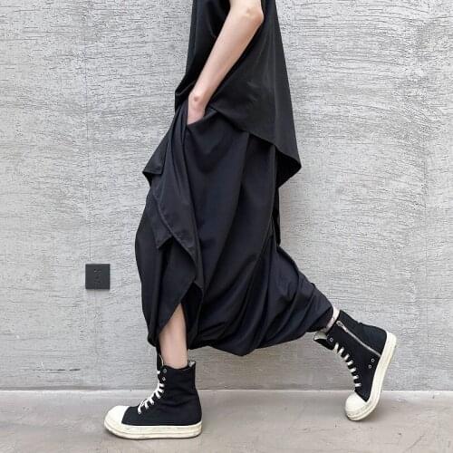 Irregular Low Crotch Hip-hop Cross Pants Mens Japanese Style Improved Kimono Kendo Uniform Hakama Bushido Skirt Pants