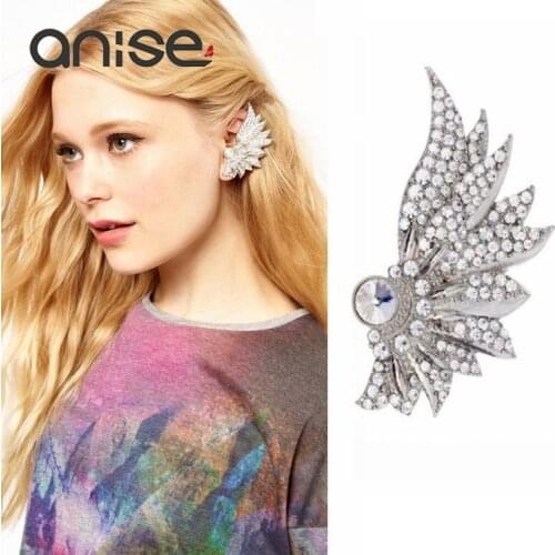 Anise Luxury Full Rhinestone Leaf Ear Cuff Clips Fashion Geometric Triangle Clip Earring Women Crystal Bridal Jewelry
