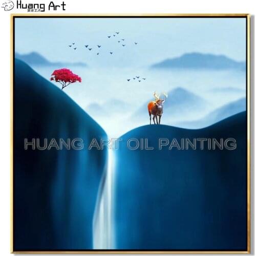 Handmade Chinese Style Blue Scenery Oil Painting On Canvas Modern Deer and Red Tree Landscape Painting for Living Room Decor