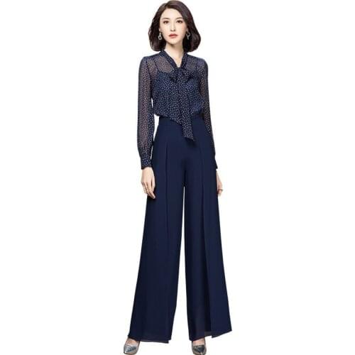 Chiffon Wave Point Shirt High Waist Wide Leg Pants Plus Size Two Piece Set Top And Pants Woman Business Suit Ensemble Femme