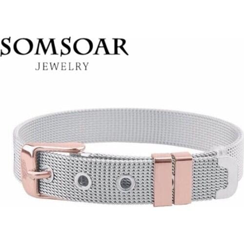 Somsoar Jewelry Stainless Steel 21cm silvering Mesh Bracelet Wrap Bracelets Bangle with Rose Gold Stops and Clasp fit Charms