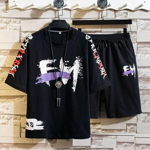 New Mens Tracksuit Casual Summer Sets Clothes Sportswear Two Piece Set T Shirt & Short Drawstring Elastic Waist Pant Male Suit