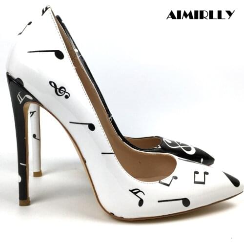 Womens Shoes Pointed Toe High Heel Pumps Musical Note Pattern White Black Ladies Fashion Heels Elegant Patent Leather Aimirlly