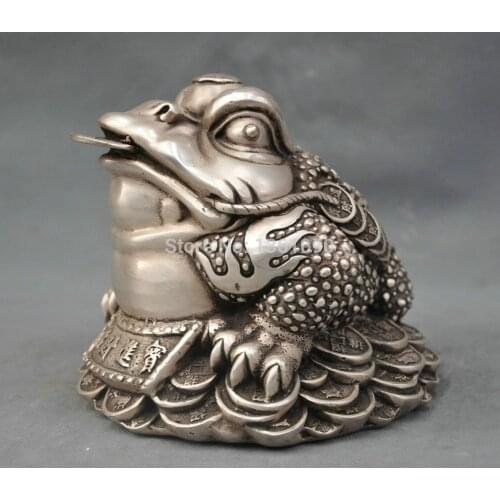 Xd 002640 7'' China Silver Bronze toad bite copper cash Lucky luck Bronze Statue
