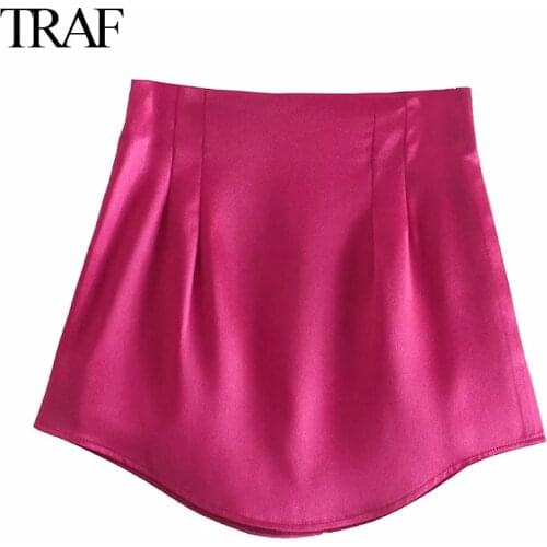 TRAF 2021 Summer Womens Skirt Fashion Za Office High Waist Short Skirt Satin A-line French Fashion Vintage Sexy Mini Skirt