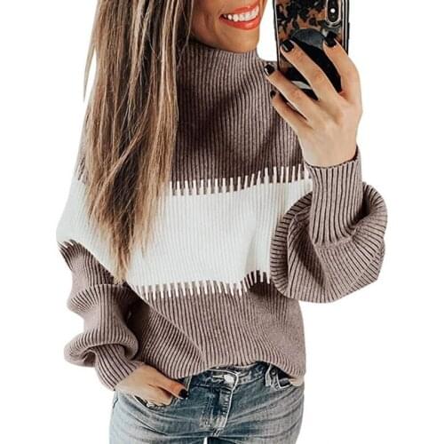 Womens High Neck Strip Contrast Sweater Autumn Winter Pullover Loose Style Jumper Lantern Sleeve Pullovers