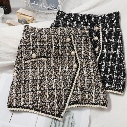 New Autumn Winter Tweed Wool Skirt for Women High Waisted Short Mini Plaid Skirts Single Breasted Irregular Booty Jupe Femme