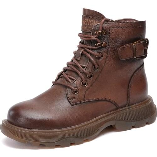 UMMEWALO Lace Up Boots Women Round Toe Side Zipper Buckle Design Winter Genuine Leather Ankle Boots Ladies