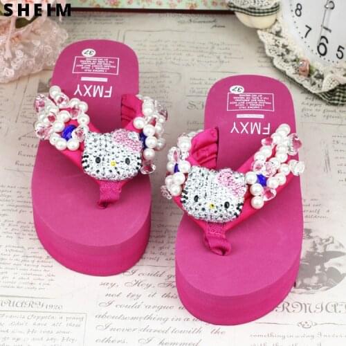 Kawaii Fashion Y2k Sanrio Diamond Hello Kitty Womens Slippers Beach Flip Flops Outdoor Sandals Za Woman 2021 Wedges Platform