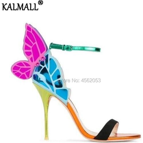 KALMALL Mixed Colors Butterfly Angle Wings Sandalen Party Runway Shoes Summer Open Toe Heels Buckle Strap Stiletto Sandals Women
