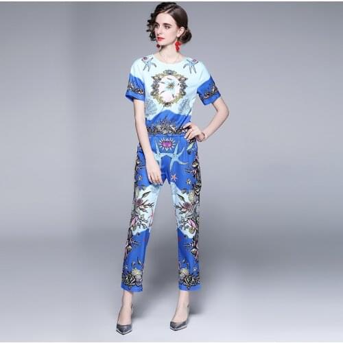 2021 Summer Fashion Designer Pants Suit Women Elegant Blue Floral Print Short Sleeve Top + Long Pants Two Piece Set