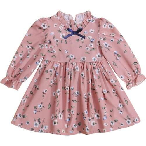 2021 2-7Y Sweet Girls Dress Spring Fall Children Floral Printing Bow Lace Collar Long Sleeve Princess A-line Dress Sundress