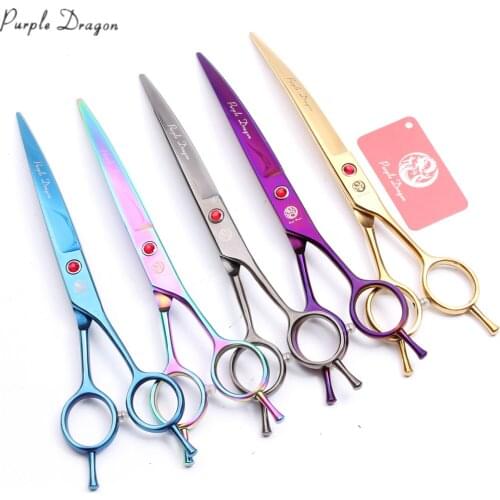 7" Purple Dragon JP Stainless Professional Grooming Scissors Down Curved Scissors Cats Dog Scissors Pet Shears Finger Rest Z4002