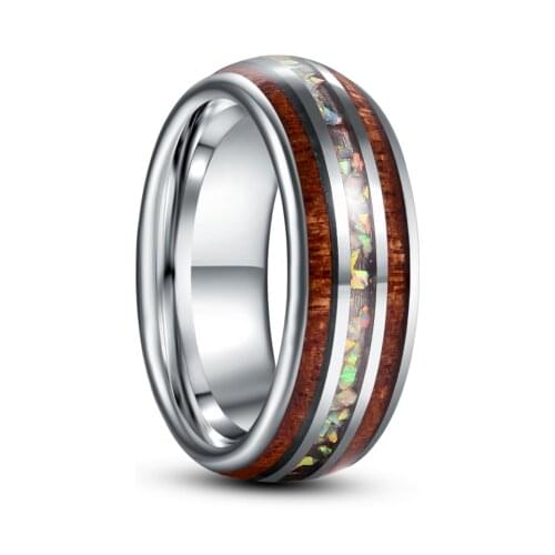 8mm Inlaid Wood Grain Steel Dome Men Tungsten Carbon Ring Opal Couple Engagement Mariage Rings Jewelry