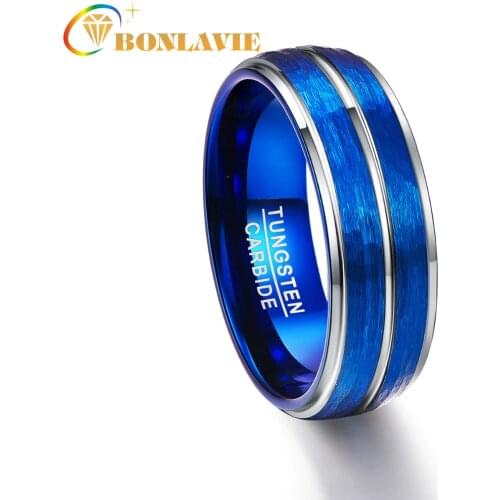 BONLAVIE Mens Polished Grooved Tungsten Carbide Rings 8mm Blue Brushed Hammered Wedding Bands Step Edge Size 7-12
