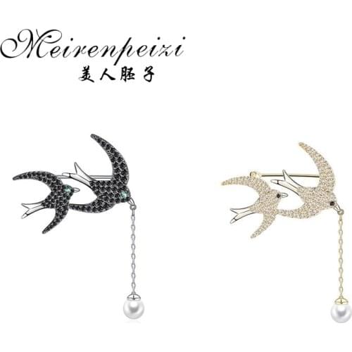 Meirenpeizi Double Swallow Hanging Pearl Jewelry Luxury Zircon Brooch Pin Love Bird Animal Broche Femme Bijoux Wedding Bridal
