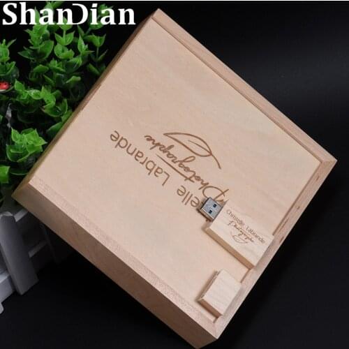 SHANDIAN Memory Stick Free LOGO Wooden Box + Flash Drive 4GB 8GB 16GB 32GB 64GB USB2.0 Pen drive Photography Wedding Gift Bulk