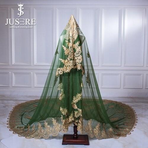 Jusere Green Tulle Golden Lace Appliques Back Train Full Shiny Sequin Beads Long Wedding Marriage 3m Sparkle Bridal Veil 2018