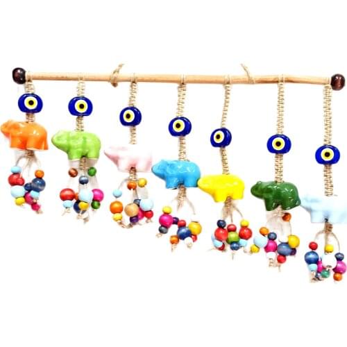 Ceramic Seven Elephant, Evil Eye Bead, Colorful Wooden Beads Door, Wall and Garden Ornament