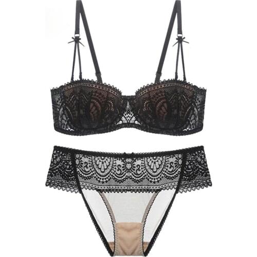 2Pcs Women Sexy Half Cup Ultra-Thin Lace Bra+Panty Underwear Set