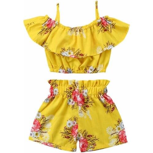 New FashionToddler Kid Baby Girl Vest Clothes Floral Ruffles Off Shoulder Tank Tops+Shorts 2Pcs Clothes Infant Girls Cute Set