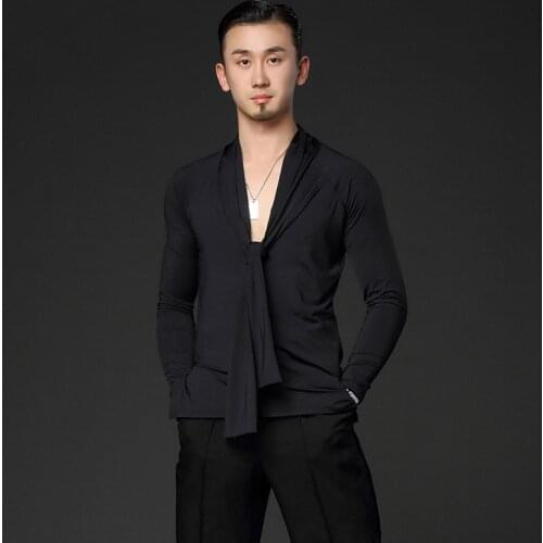 Men Latin Dance Costumes Black Long Sleeve Shirts Latin Performance Practice Wear Ballroom Dance Competition Clothes DN7205