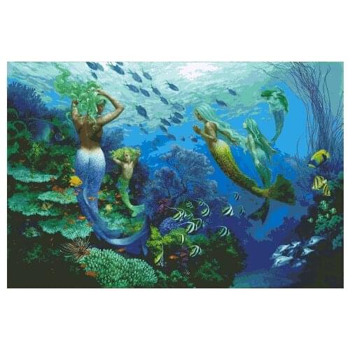 Sisters of The Sea Seabed Mermaid Cross Stitch Kits Top Quality Embroidery Needlework 14CT Unprinted DIY Handmade Art Decor