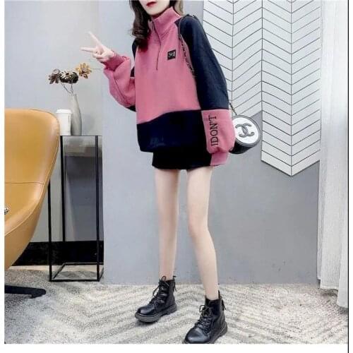 2021 Autumn Winter New Cotton And Velvet Thick Pullover Women Korean Loose Stand-up Collar Color Matching Jacket Goth Clothes