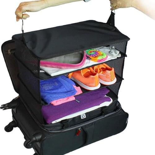 Luggage Organizer Foldable 3 Layers Polyester Travel Bag Storage Bag with Hanging Shelves Organizer Clothes Shoe Tidy Pouch Bag