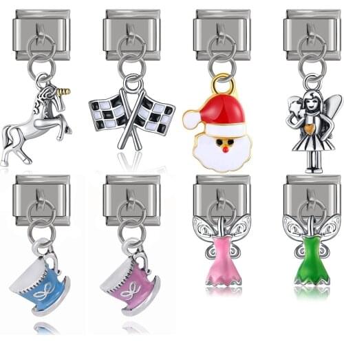 Hapiship 9mm Width Original Daisy Unicorn Angel Cup Santa Claus Italian Charm Fit Bracelet Stainless Steel Jewelry Making DJ50