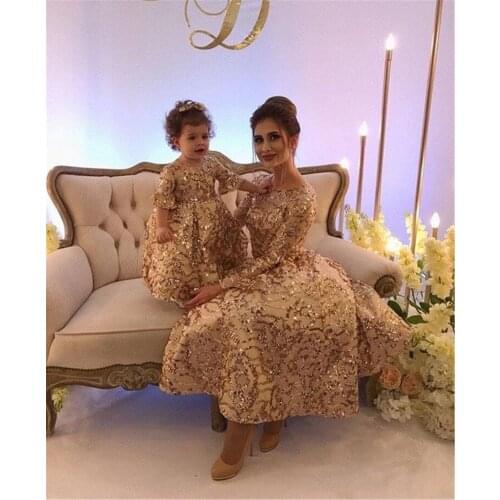 Sparkly bling golden mother daughter dresses mom and girls matching birthday party dress celebration ball gowns photography prop