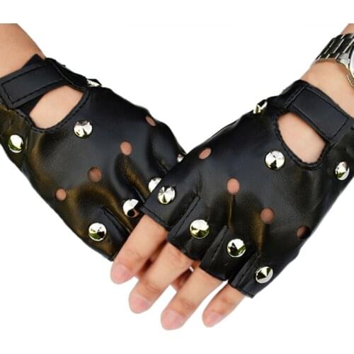 Luxury PU Leather Gloves Mens Theatrical Punk Hip-Hop Glove Women Cool Square Nail Fingerless Gloves Lady Mittens Black