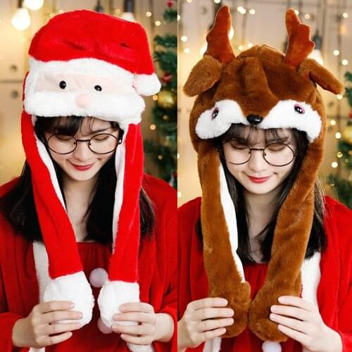 MeetLife Moving Christmas Reindeer Ears Hat Hand Pinching Ear To Move Santa Claus Beard Cap Funny Gift for Women Kids Plush