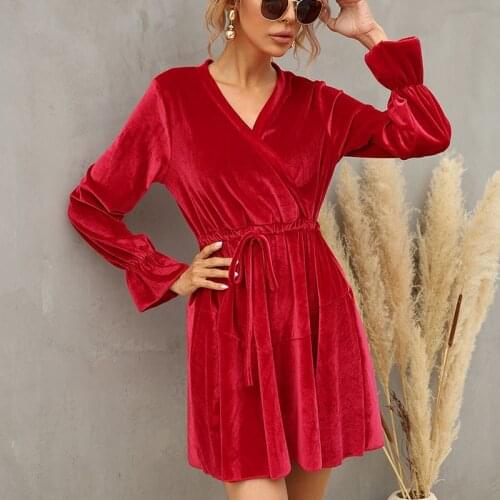 Spring Autumn Women Long Sleeve Velvet Sexy V-Neck Dress 2021 Fashion Lace Up Stretch Waist Office Lady A-Line Skirt