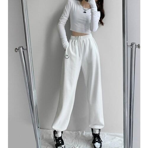 TVVOVVIN Korean Embroidery Smiley High Waist Sweatpants Korean Loose Casual Drawstring Tie Feet Harem Pants Women Lj6w