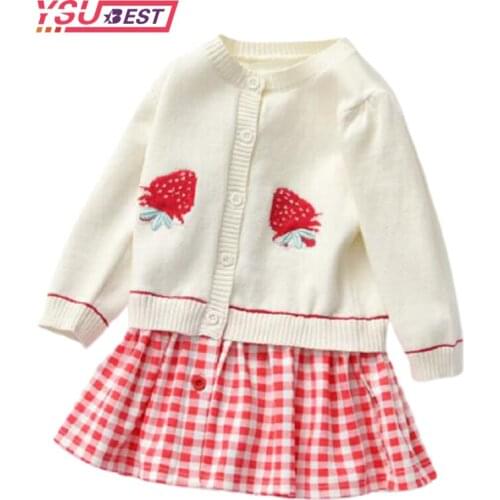 Girl Baby Sweater Cardigan Knitted Dress Children Sweater Dress Girls Infant Casual Strawberry Lattice Pleated Princess Dress