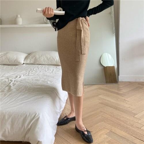 Limiguyue Fashion Autumn Winter Split Wrap Skirt Women Knit Skirt Sexy Bodycon Vintage Lace Up Elegant Midi Skirts Female K366