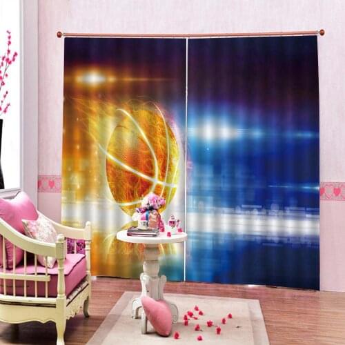 Custom Water Fire Basketball Blue Yellow Polyester Fabric Curtain Photo Print Blackout For Living Room Bedroom Window Drapes Set
