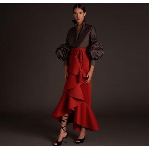 High End Red Mermaid Ruffles Satin Skirts Women 2020 Autumn New Sash Modest Long Maxi Skirt Zipper Custom Made Lady Skirt