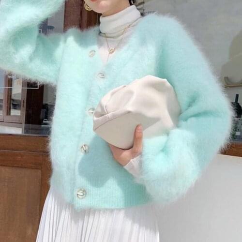 2021 new mint green mink velvet lantern sleeve sweater cardigan women loose V-neck mohair sweater coat knitted cardigan women