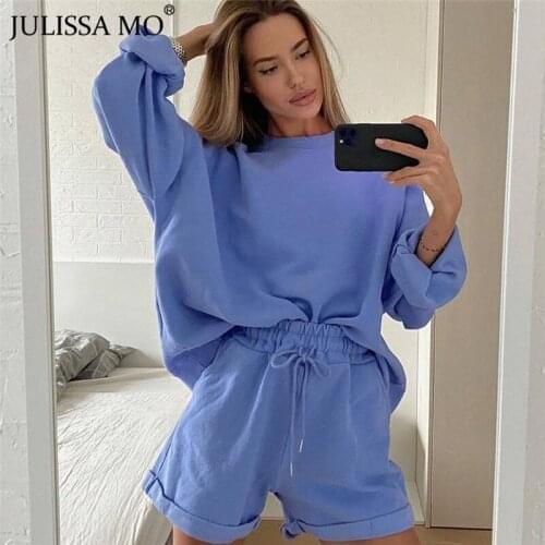 JULISSA MO 2 Piece Set Tracksuit Women Long Sleeve Crop Top Biker Shorts Sets 2020 Autumn New Casual Loose Homewear Outfits