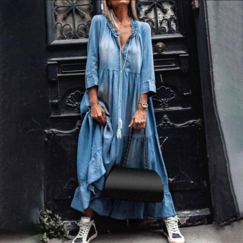 Autumn Long Dress Long Sleeve Shirt Dress Women Denim Long Dresses Ruffles Drawstring Shirt Solid Dress Casual Loose Denim Dress