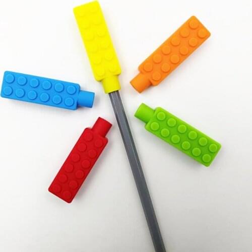 5PCS Silicone Brick Pen Topper Chewable Pencil Toppers Baby Teethers Kids Sensory Toy Food Grade Silicone