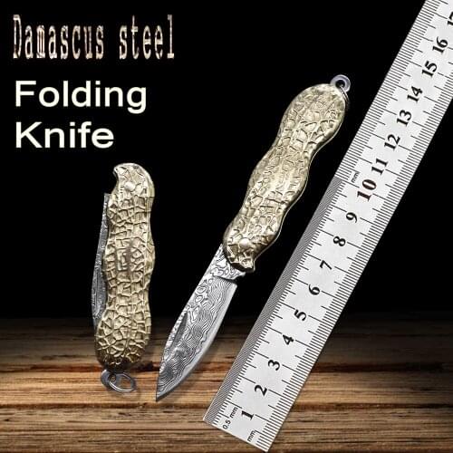 Damascus Peanut Fold Knives Brass Mini Handle Outdoor Hunting Folding Knife EDC Fishing Hiking Portable Collection Knife